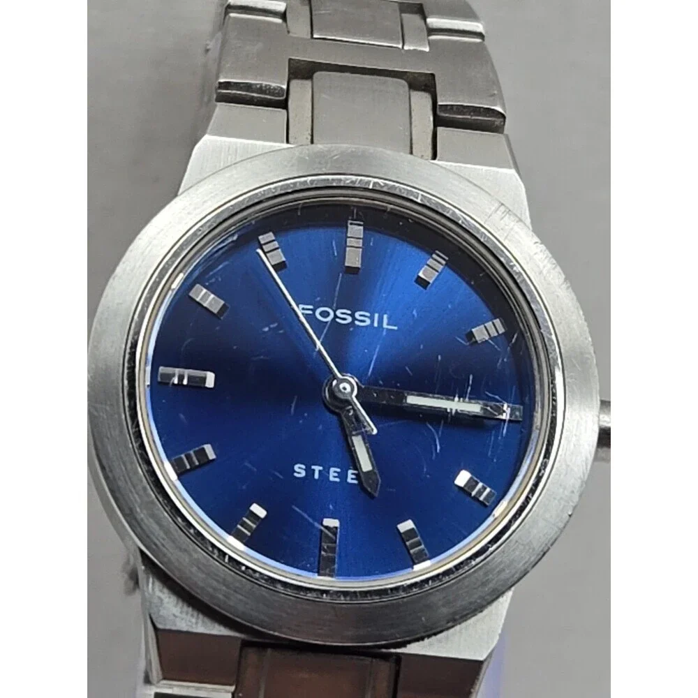 Fossil Steel FS2703 Womens Blue Dial Stainless Quartz Watch New Battery 50M WR